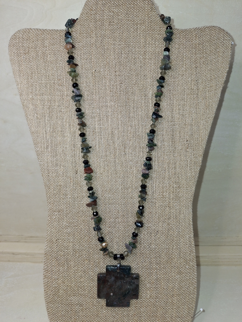 Jasper Indian Agate Stone Bead Necklace with Geometric Pendant